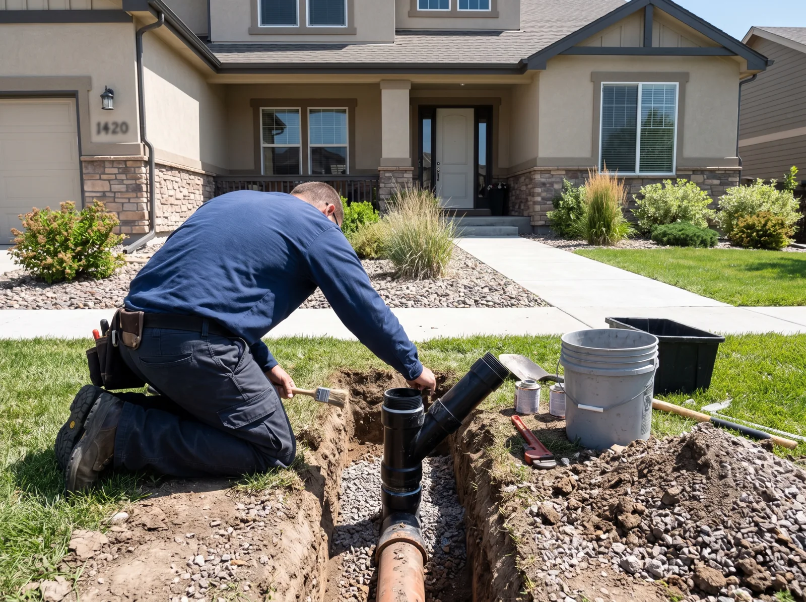 A plumber kneels at an excavated residential sewer cleanout in a front yard, Castle Rock, CO