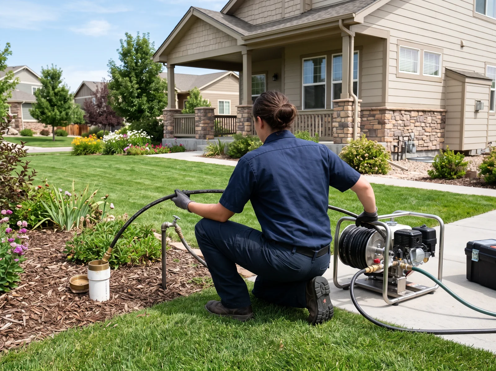 A plumber runs a hydro-jetting hose from a portable jetter machine, Castle Rock, CO