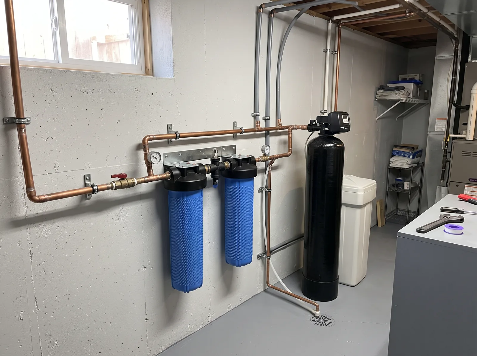 A whole-home water filtration system with two blue filter housings and a softener tank installed in a tidy basement utility room, Castle Rock, CO