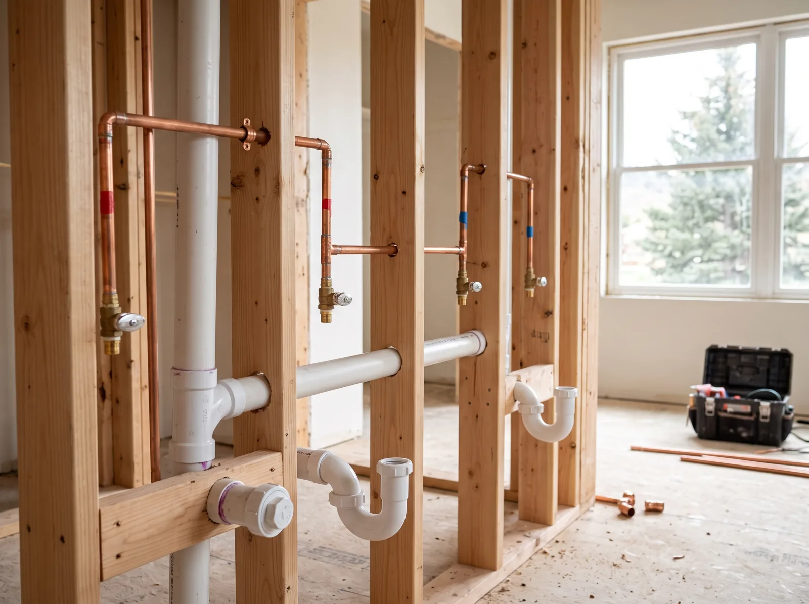 New supply and drain piping roughed in for a double vanity in a bathroom remodel with open stud walls, Castle Rock, CO
