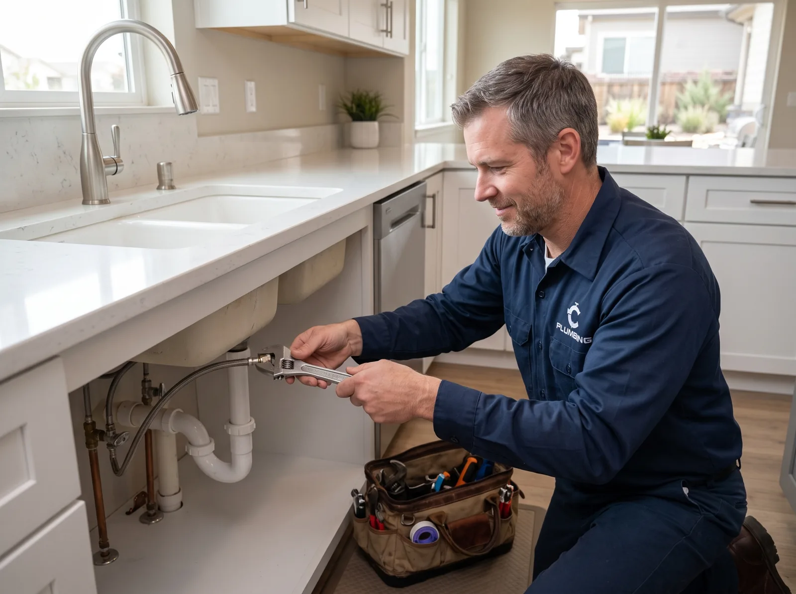 A friendly plumber in his 40s kneels under a kitchen sink tightening a supply line, Castle Rock, CO