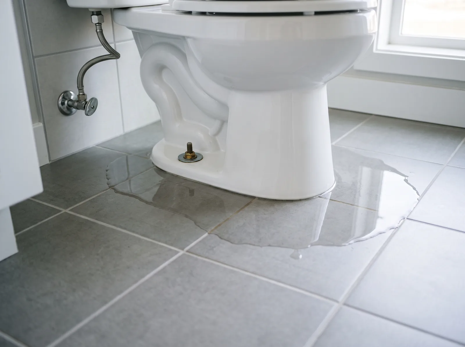 Water pooling around the base of a toilet on a tile floor from a failed wax seal, Castle Rock, CO