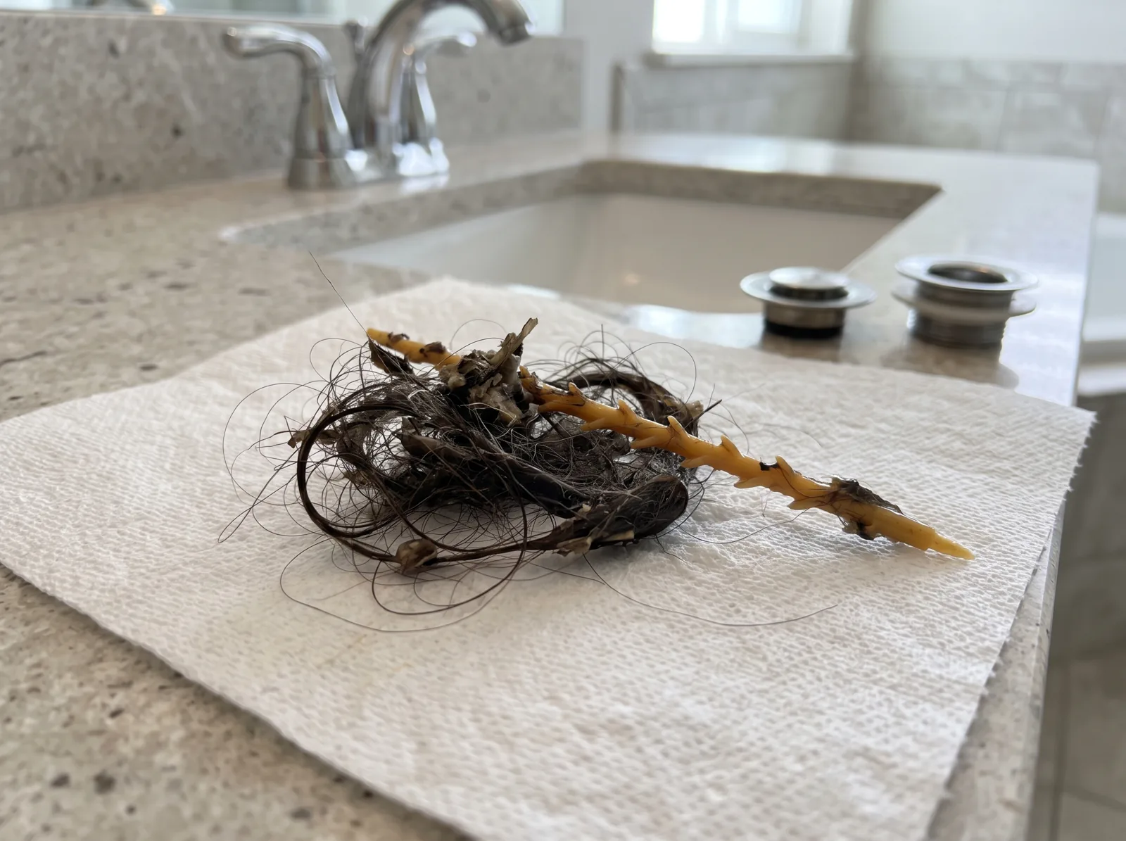 Hair and debris pulled out of a bathroom sink drain with a plastic drain snake, Castle Rock, CO