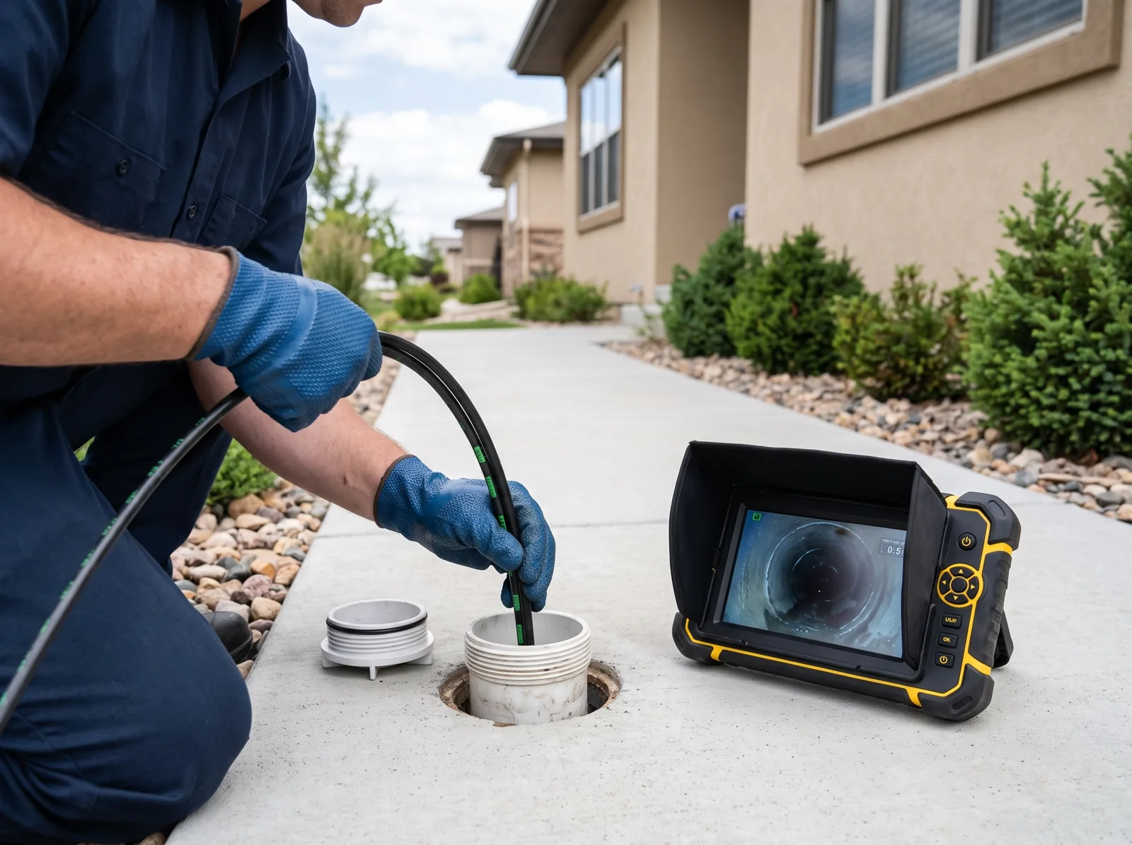 Gloved hands guide a sewer camera cable into an outdoor drain cleanout, Castle Rock, CO