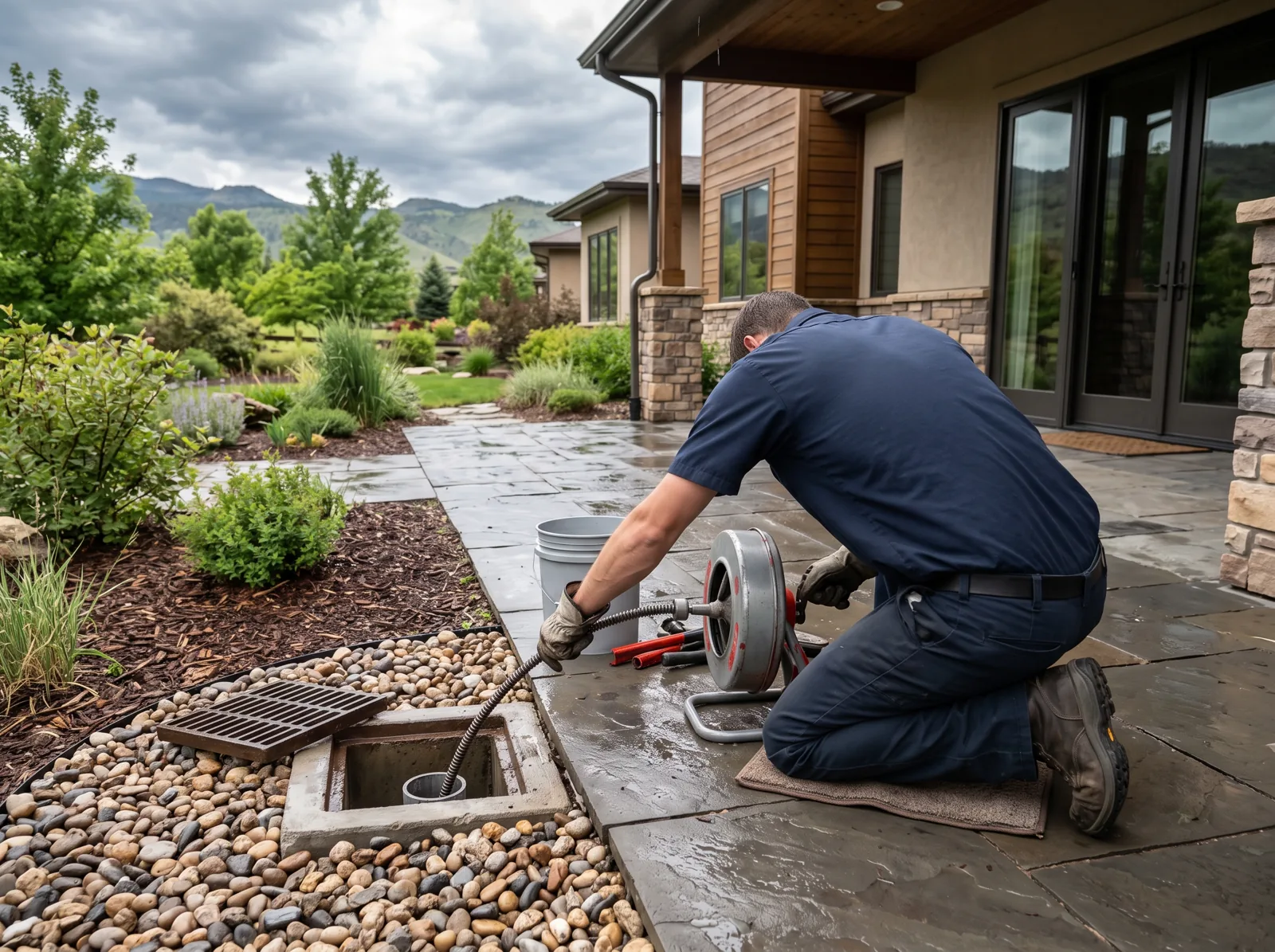 A plumber clears a backyard French drain inlet with a drain snake after a storm, Castle Rock, CO