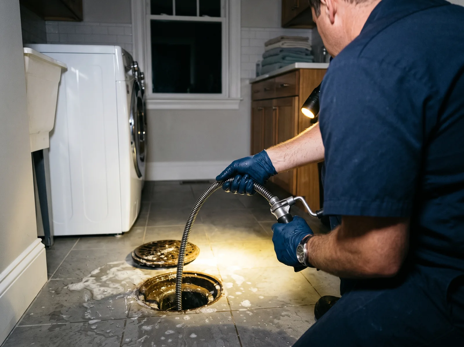 Gloved hands working a drain auger into an overflowing laundry room floor drain at night, Castle Rock, CO