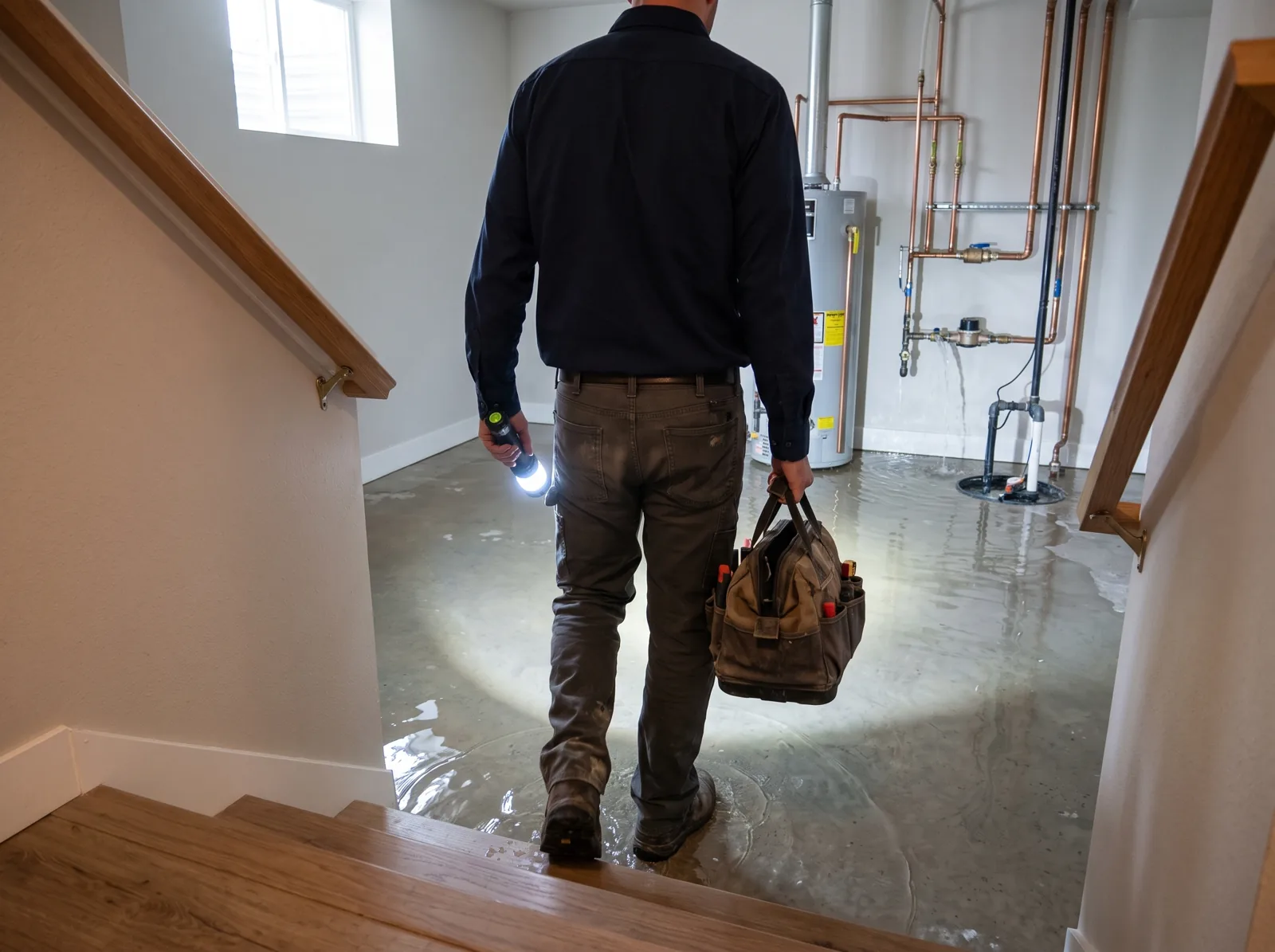 A plumber arrives at a basement with water on the floor, Castle Rock, CO