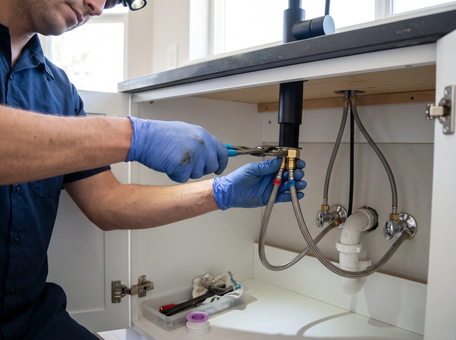 Hands install a new matte black kitchen faucet, Castle Rock, CO