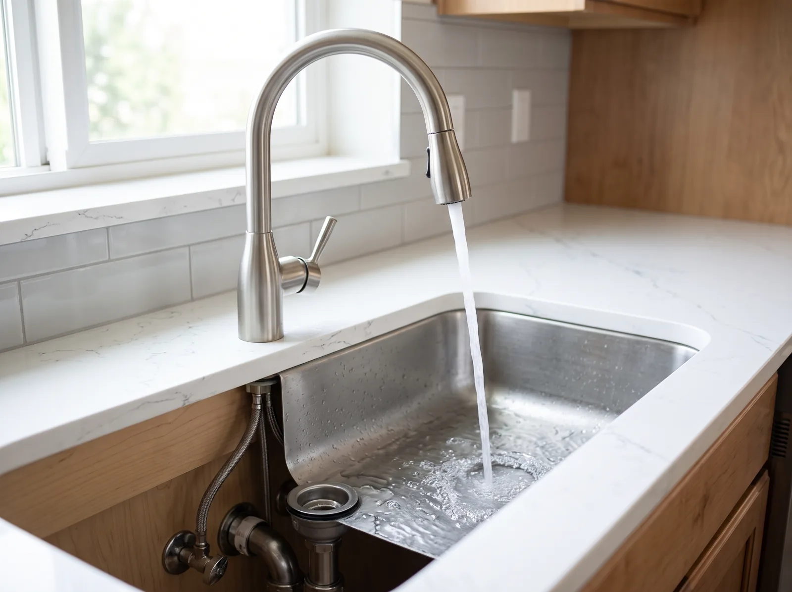 A newly installed brushed-nickel kitchen faucet running clean water, Castle Rock, CO