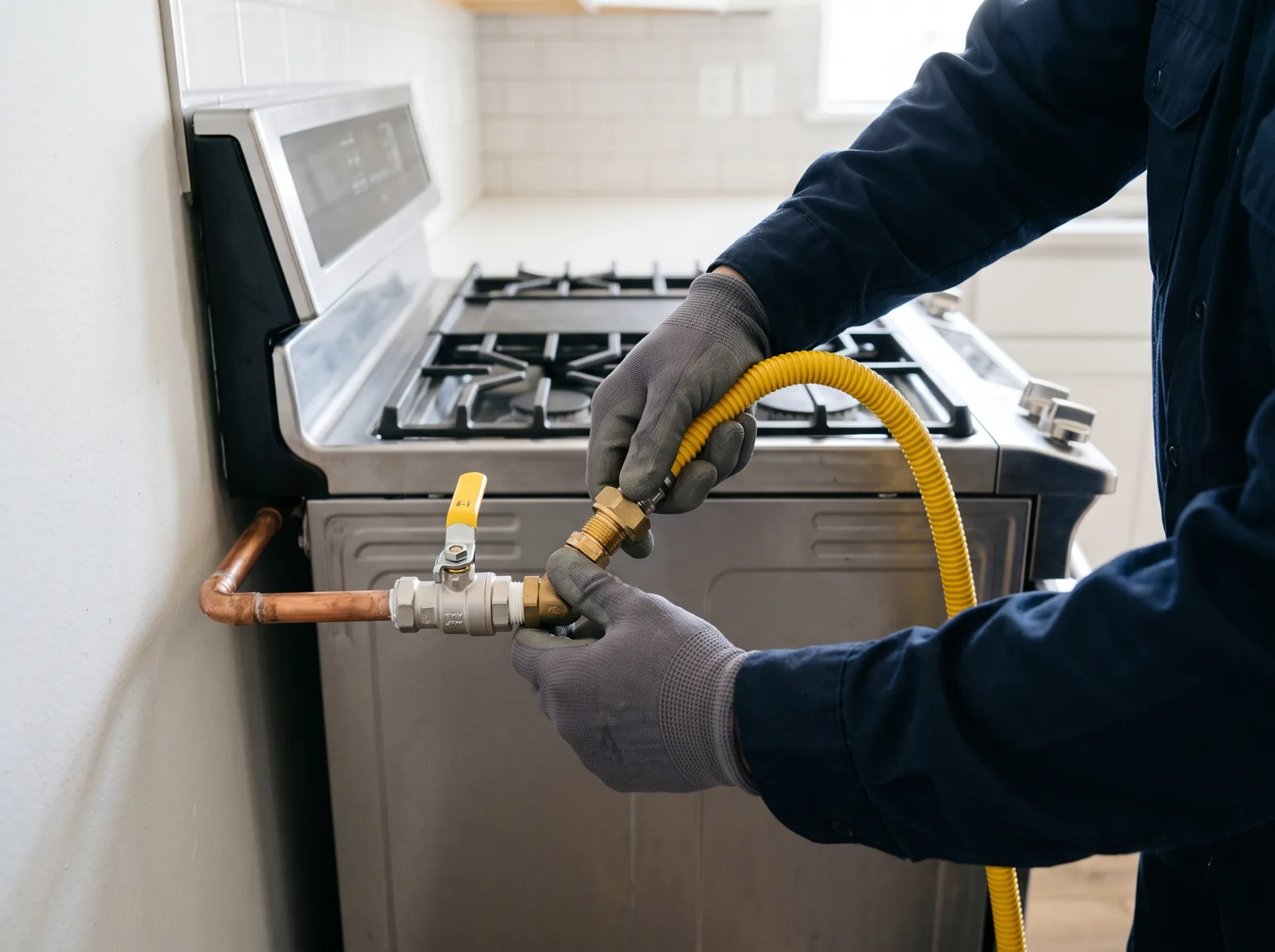 Hands connect a yellow flexible gas connector to a new gas shutoff valve behind a range, Castle Rock, CO