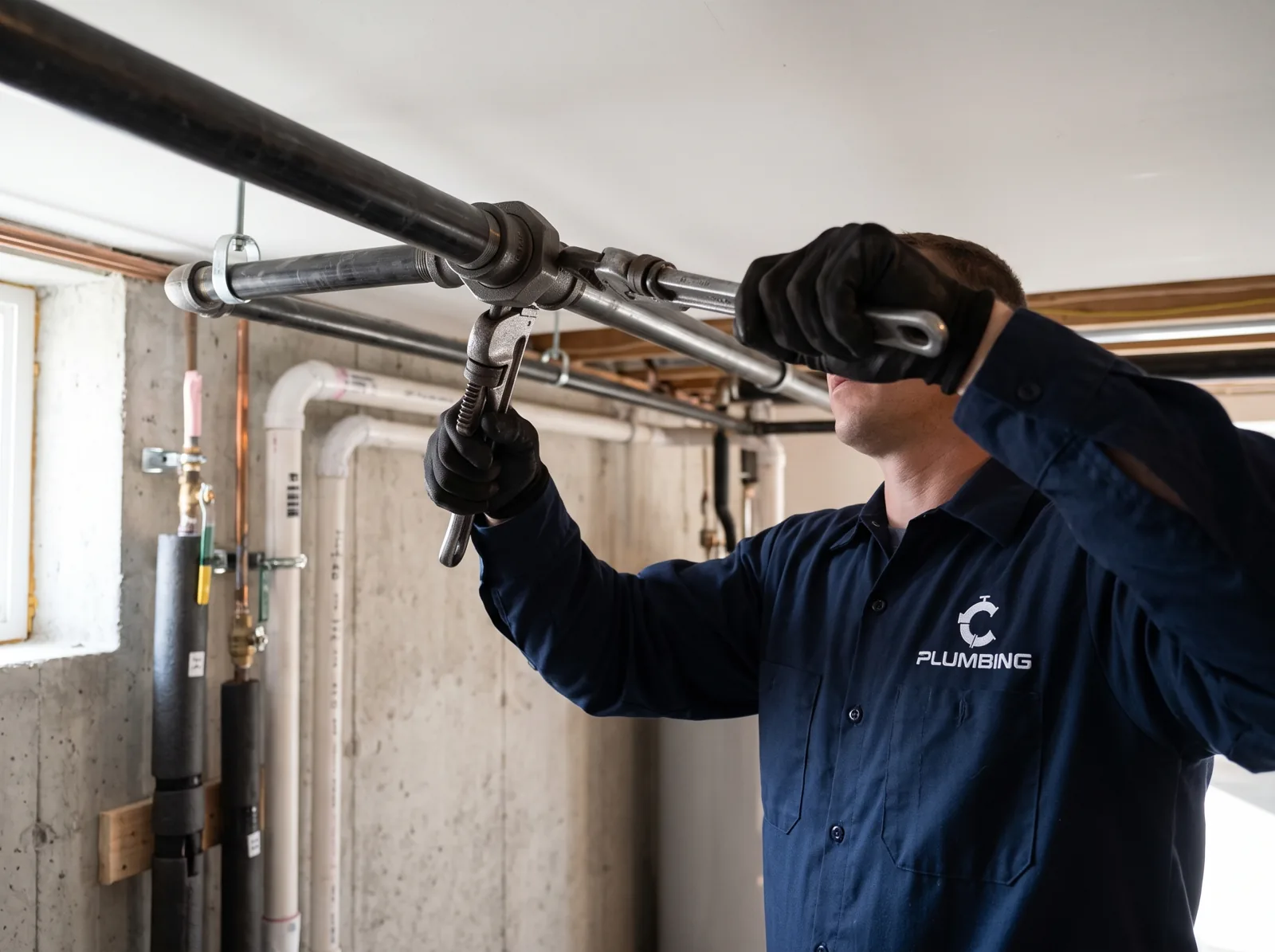 A plumber tightens a black-iron gas pipe fitting on a new line run along a basement ceiling, Castle Rock, CO