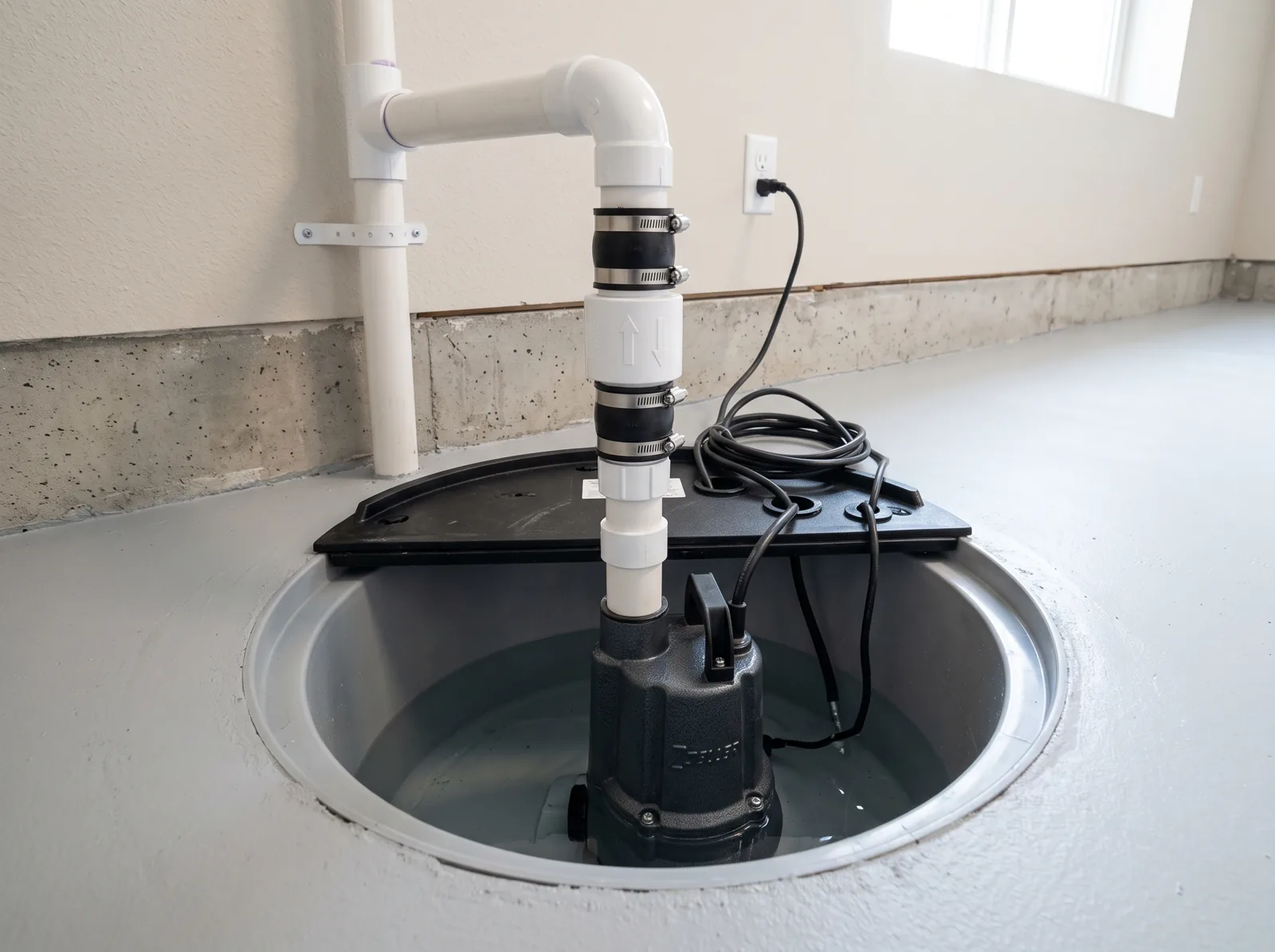 A new sump pump installed in a clean basement sump pit with a white PVC discharge pipe and check valve, Castle Rock, CO