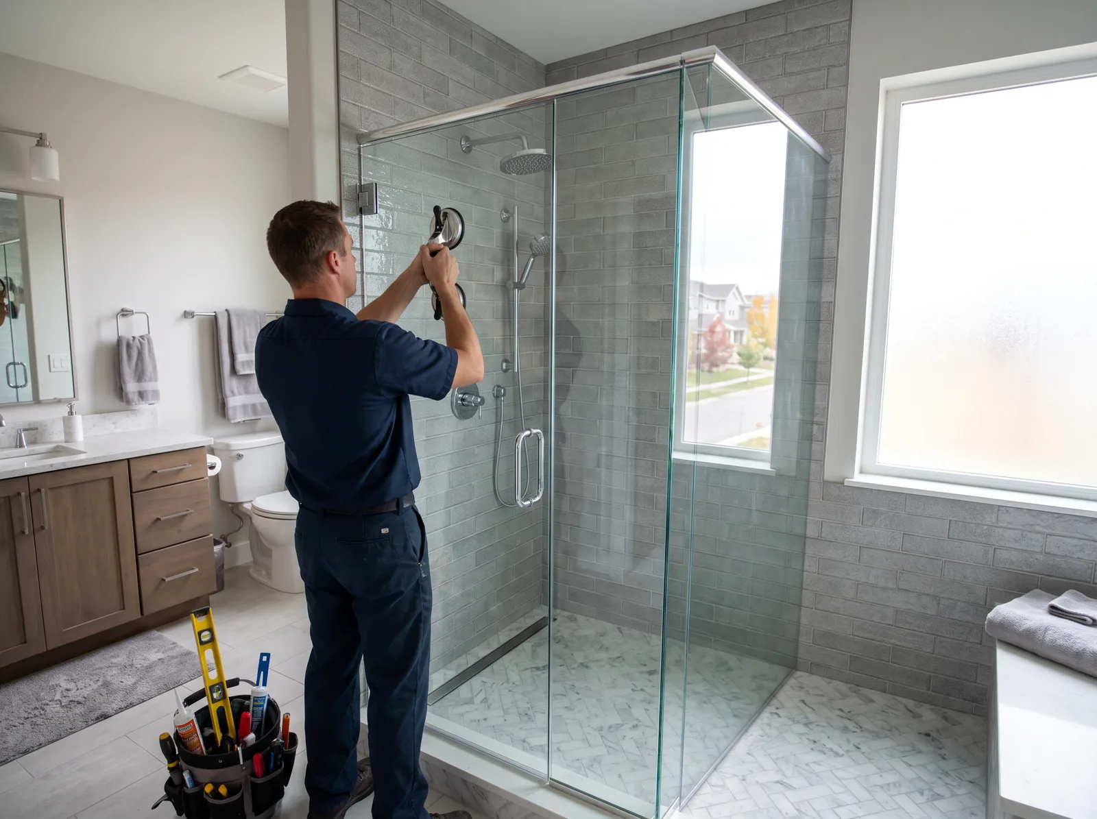 A plumber fits a frameless glass shower door onto a newly tiled walk-in shower, Castle Rock, CO