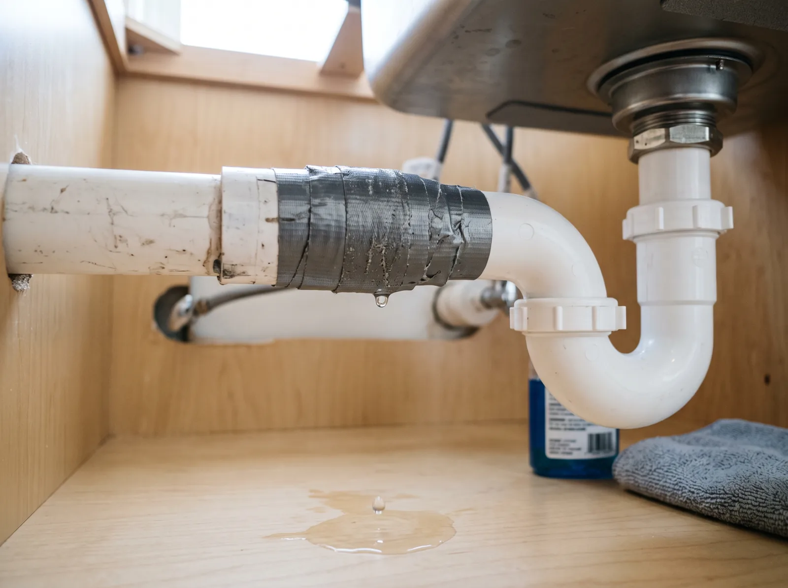 A cracked PVC drain pipe under a sink wrapped temporarily with repair tape, drip below, Castle Rock, CO
