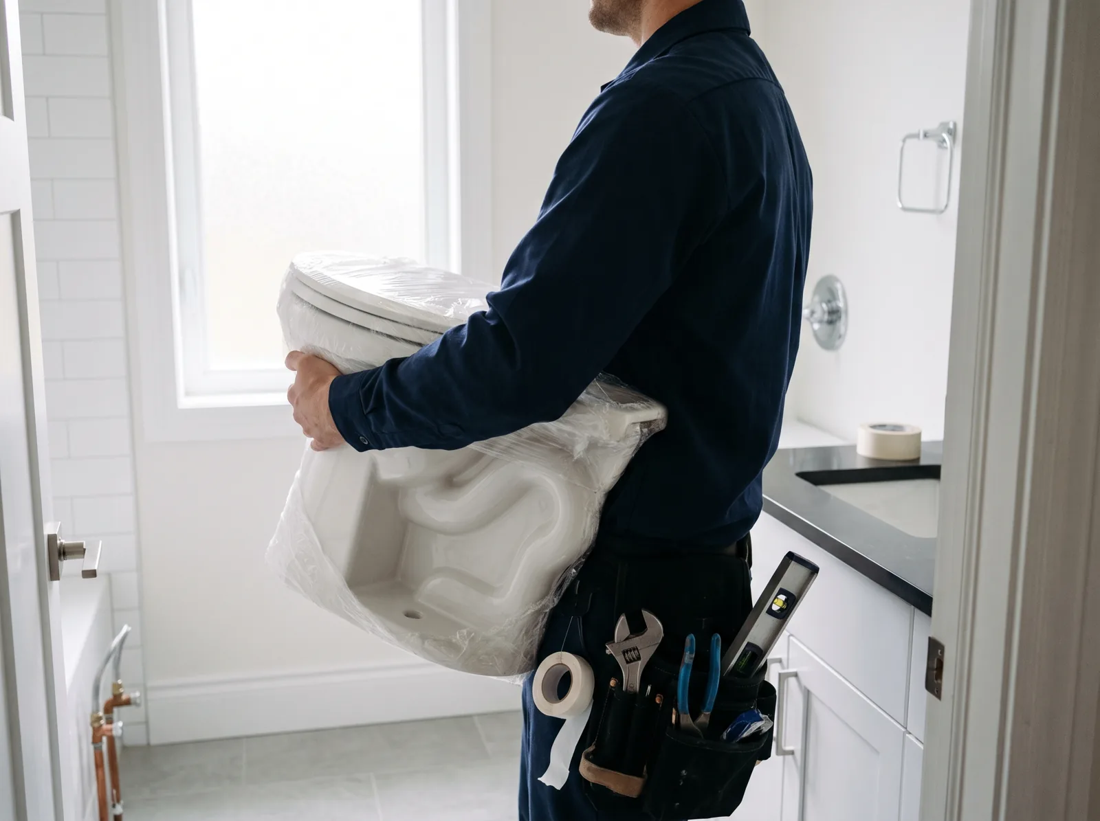 One plumber carries a new toilet into a bathroom, Castle Rock, CO