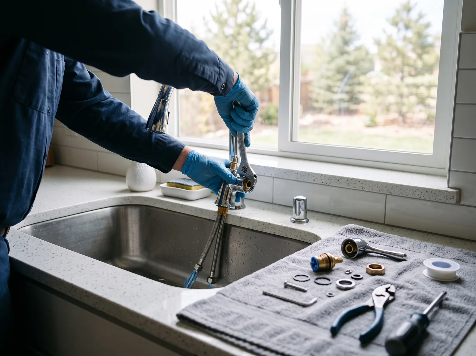 Hands disassemble a leaking kitchen faucet, parts laid out on a towel, Castle Rock, CO