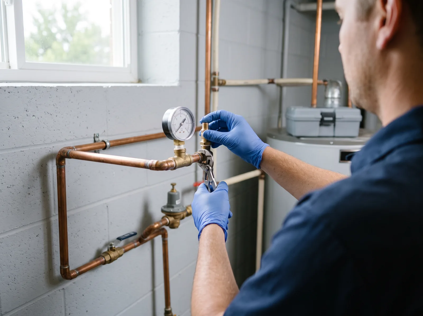 Hands attach a pressure test gauge to a water line in a basement to test for leaks, Castle Rock, CO