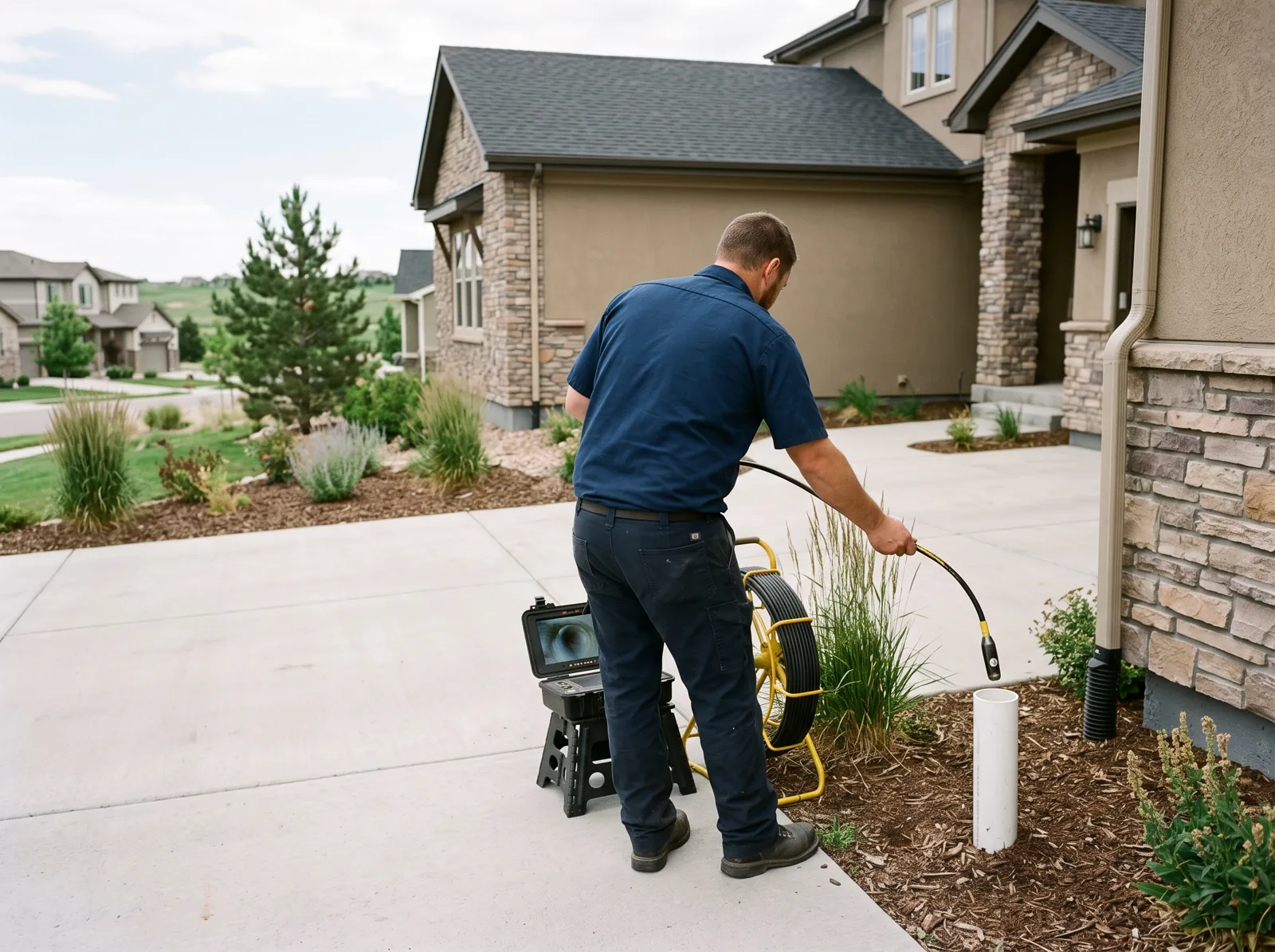 A plumber in a residential driveway feeds a sewer camera into a cleanout beside the house, Castle Rock, CO