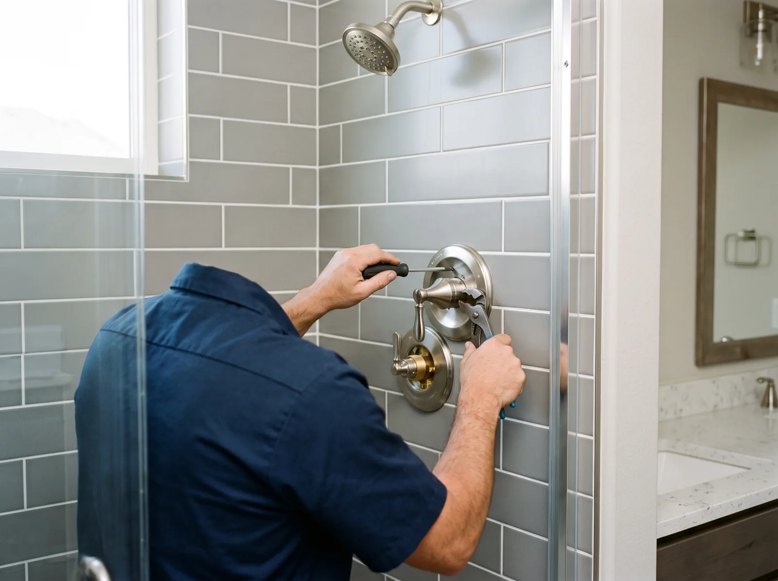 A plumber replaces a shower valve trim and handle in a tiled shower, Castle Rock, CO