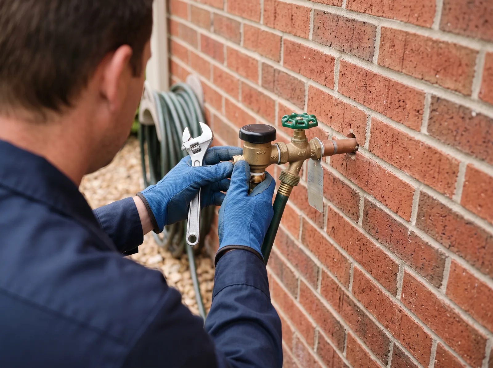 Hands inspect an outdoor spigot and vacuum breaker on a brick wall of a home, Castle Rock, CO