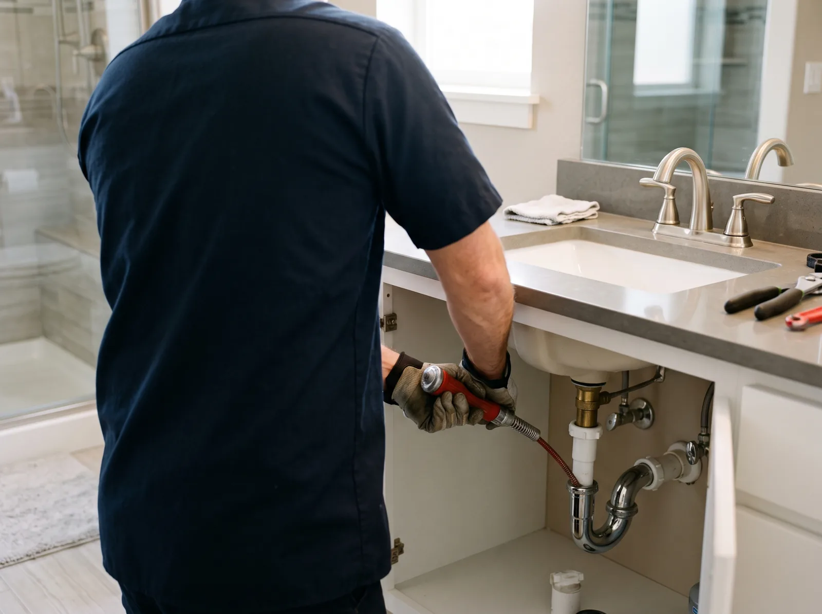 A plumber snakes a bathroom sink drain, Castle Rock, CO