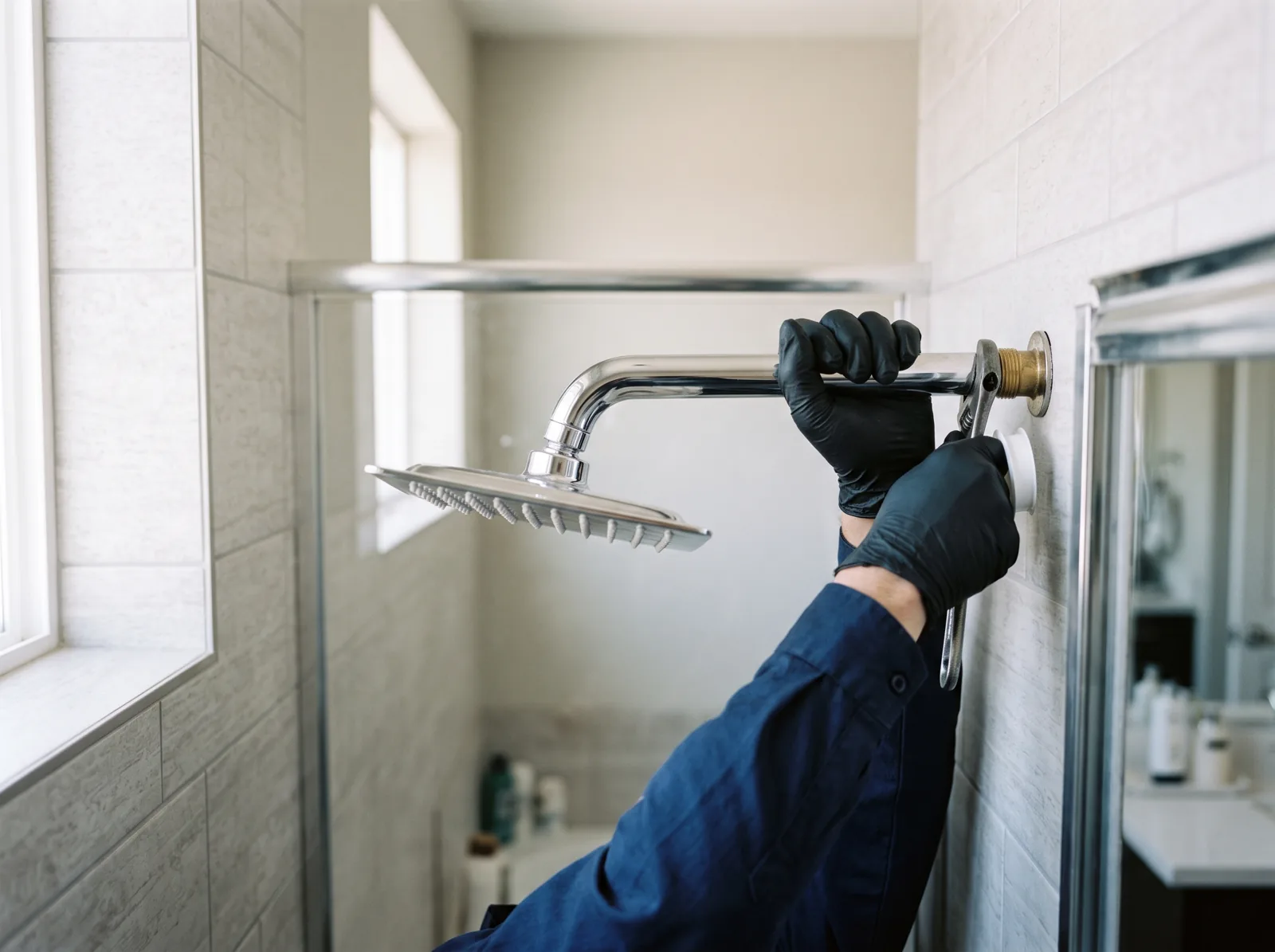 Hands install a new rainfall shower head and arm in a tiled shower, Castle Rock, CO