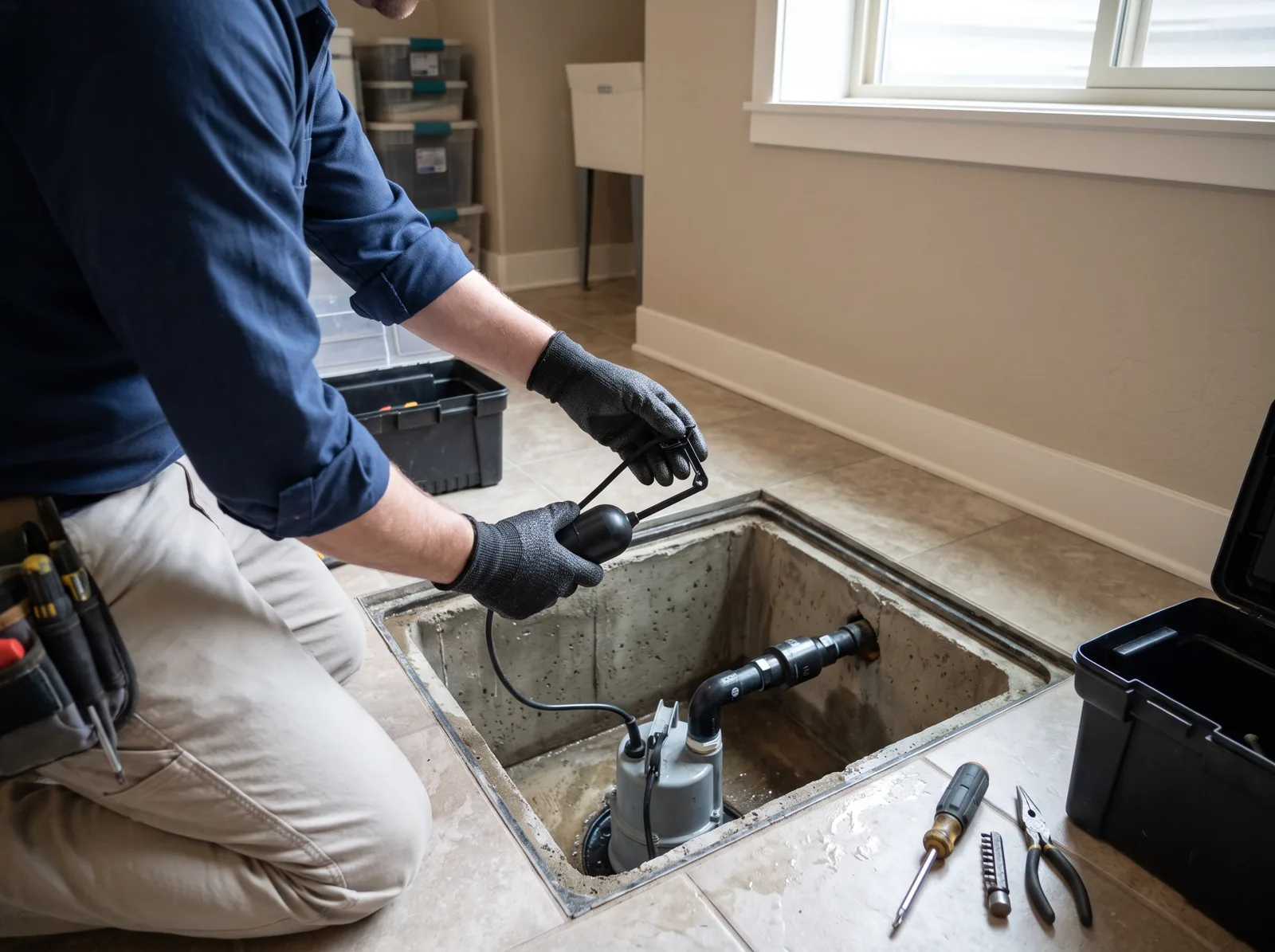 Hands test a sump pump float switch in a basement pit, Castle Rock, CO