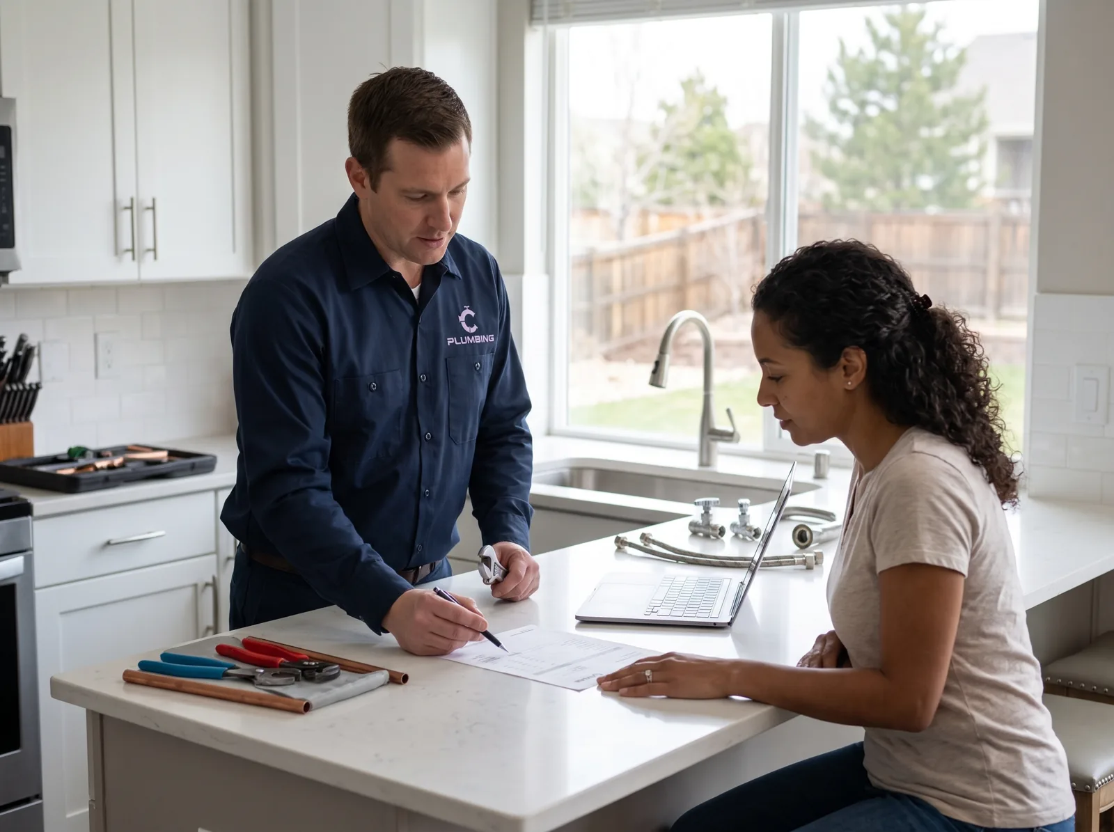 A plumber reviews a written estimate with a homeowner at a kitchen island, Castle Rock, CO