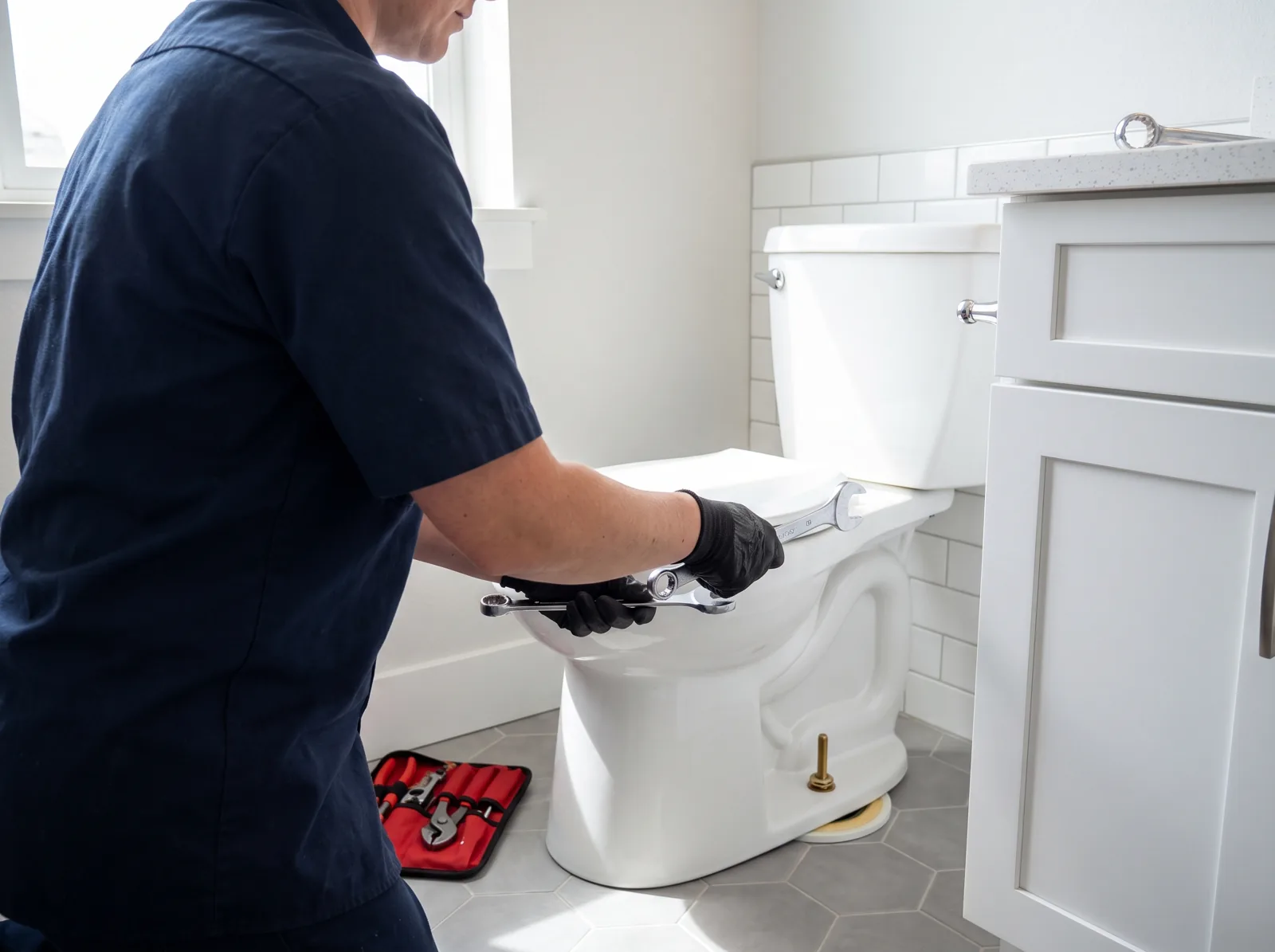 A plumber bolts down a new toilet, Castle Rock, CO