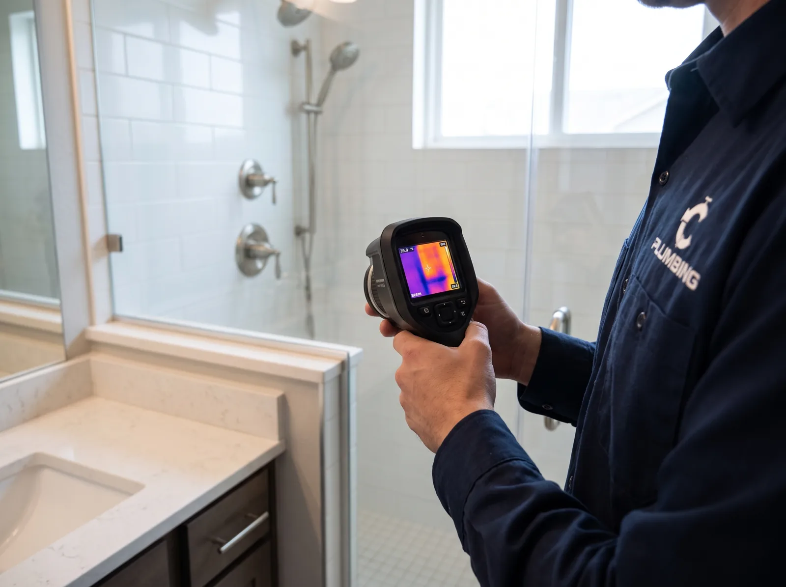 A plumber scans a bathroom wall with a thermal imaging camera looking for a hidden leak, Castle Rock, CO