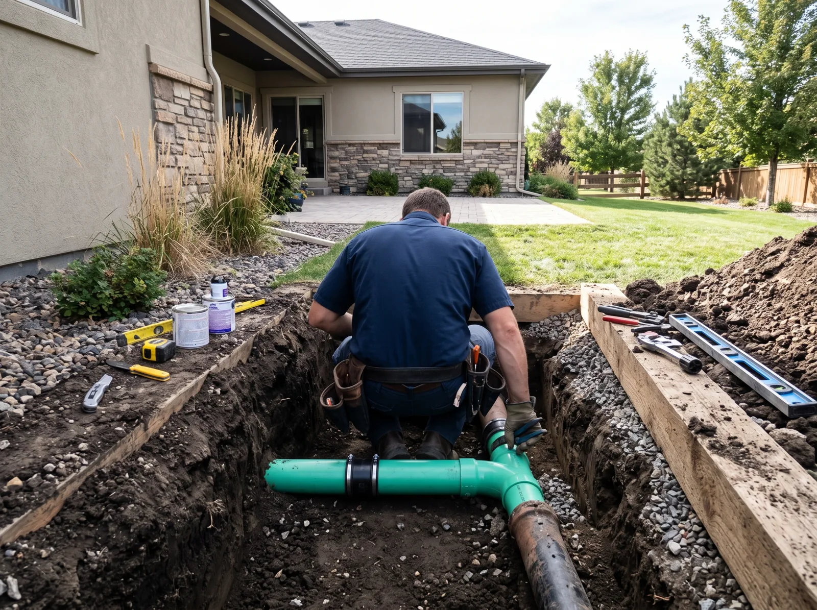 A plumber in a residential trench fitting a new section of sewer pipe, Castle Rock, CO