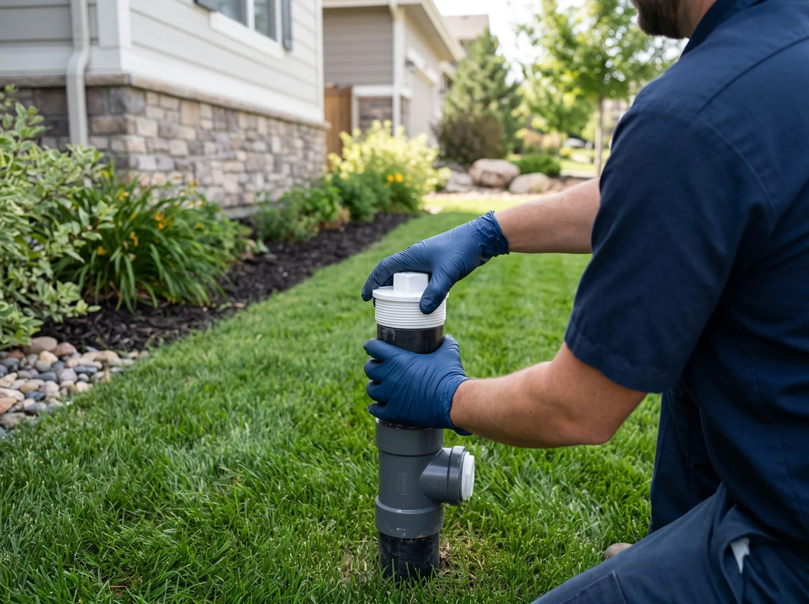 Gloved hands tighten a new PVC cleanout cap on a sewer line in a yard, Castle Rock, CO