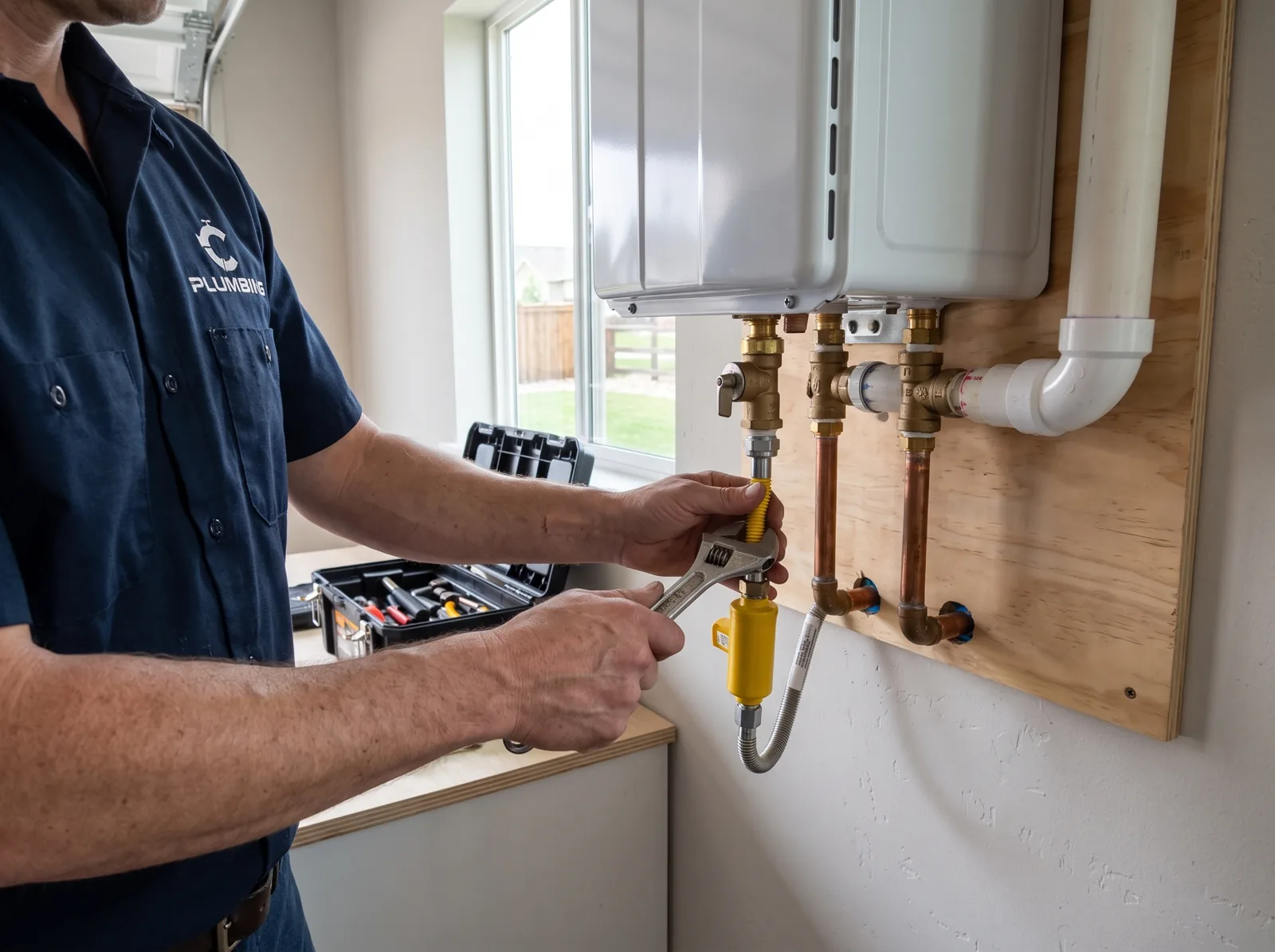 A plumber mounts a new tankless water heater on a garage wall, Castle Rock, CO