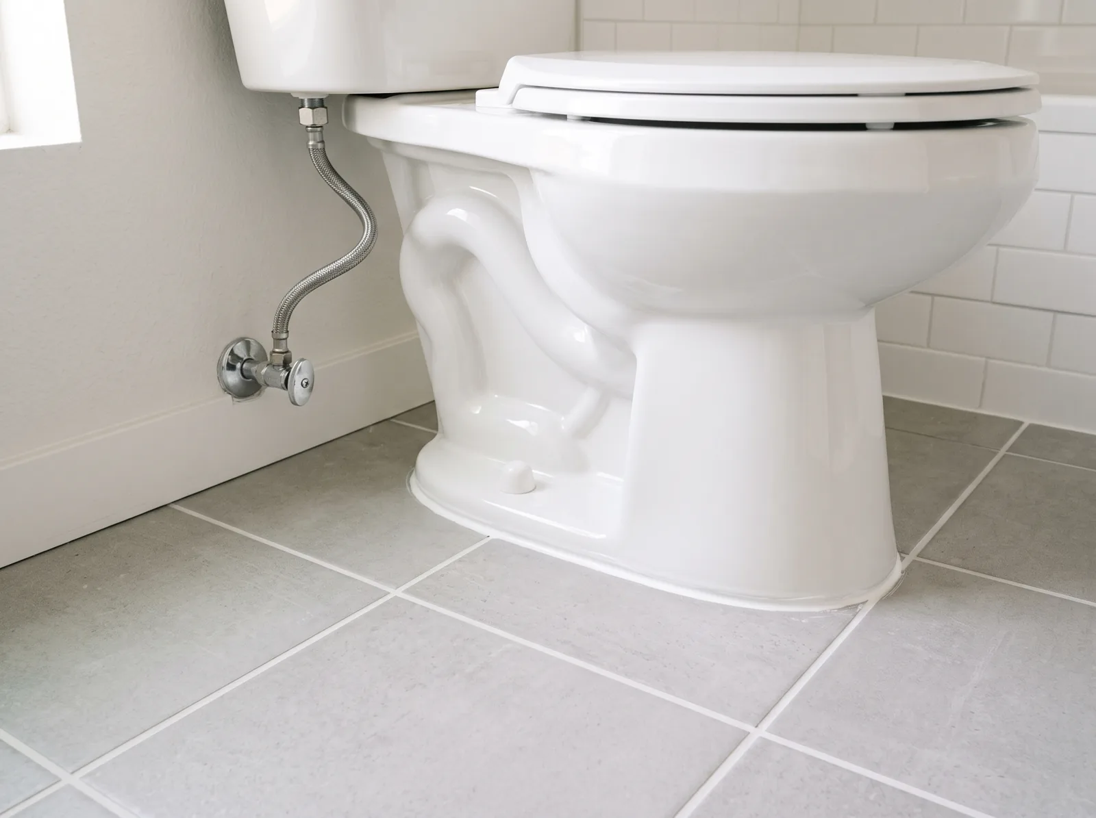 A newly installed white toilet in a freshly cleaned bathroom with tile floors, Castle Rock, CO
