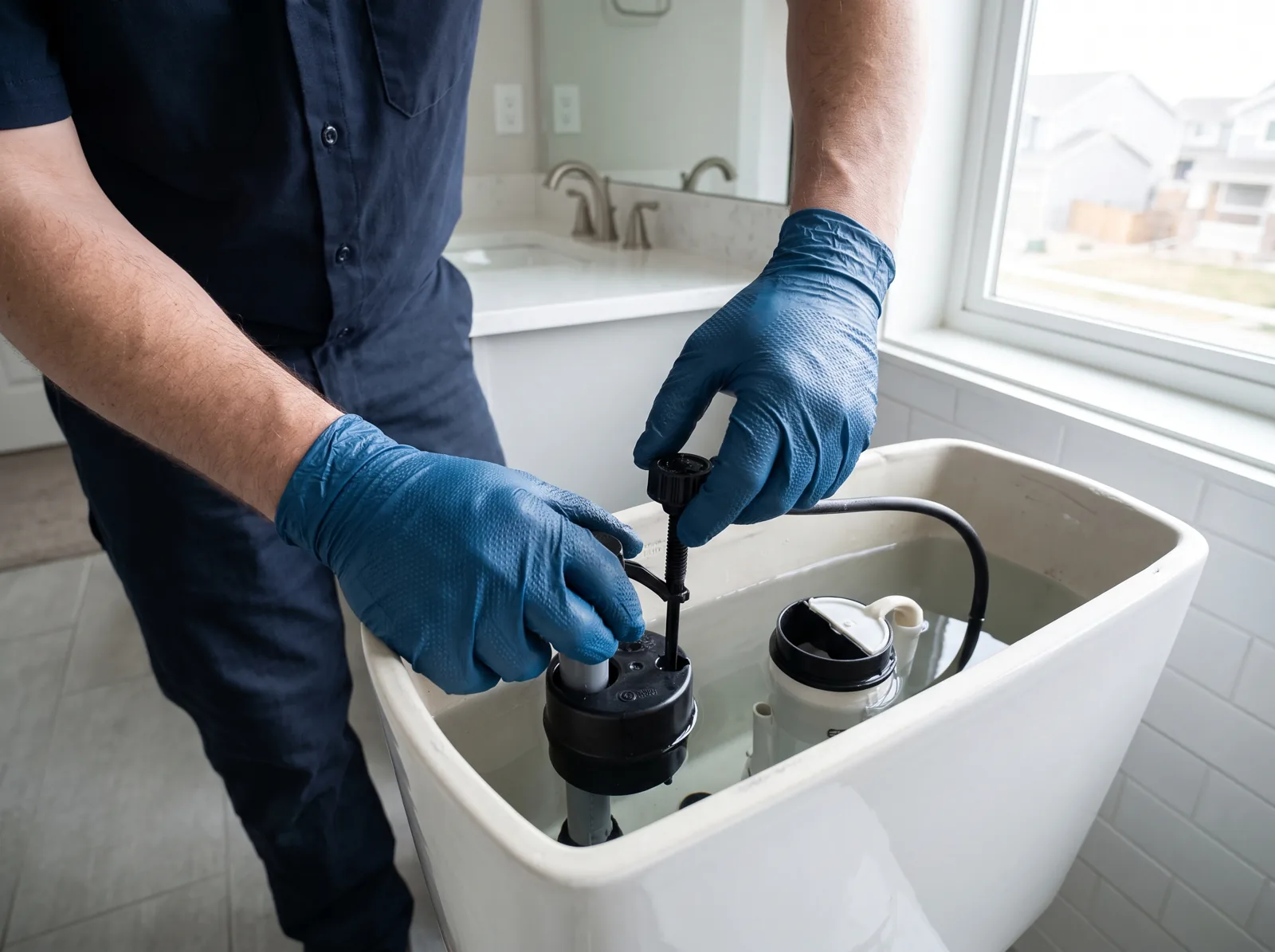 Hands adjust the fill valve height inside a toilet tank, Castle Rock, CO