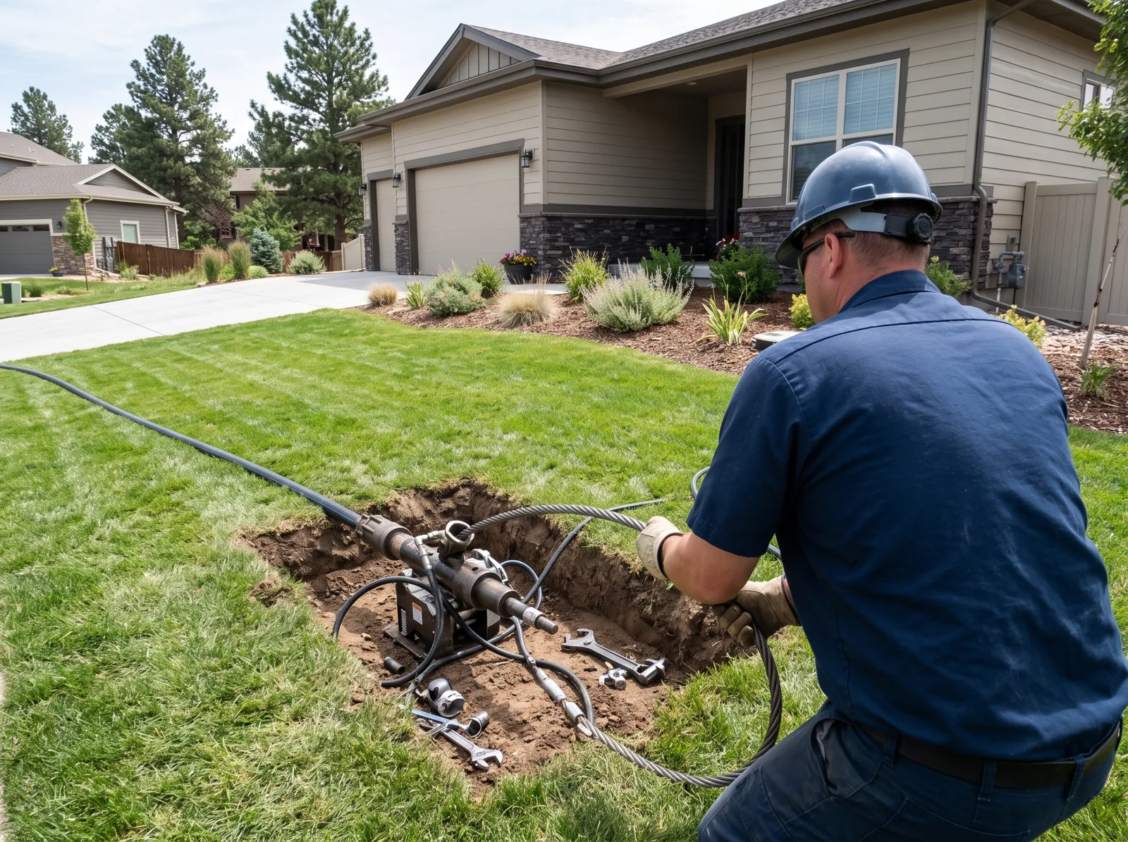 A plumber guides a trenchless pipe bursting cable at a small access pit in a front yard, Castle Rock, CO