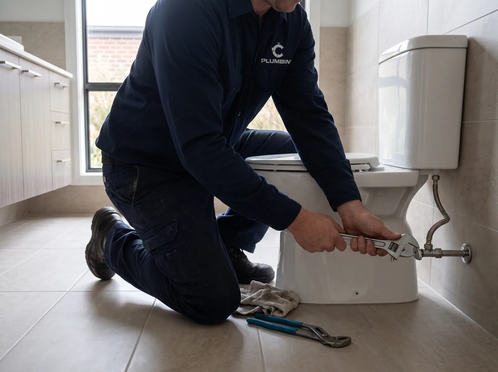A plumber kneels to connect the supply line to a new toilet, Castle Rock, CO