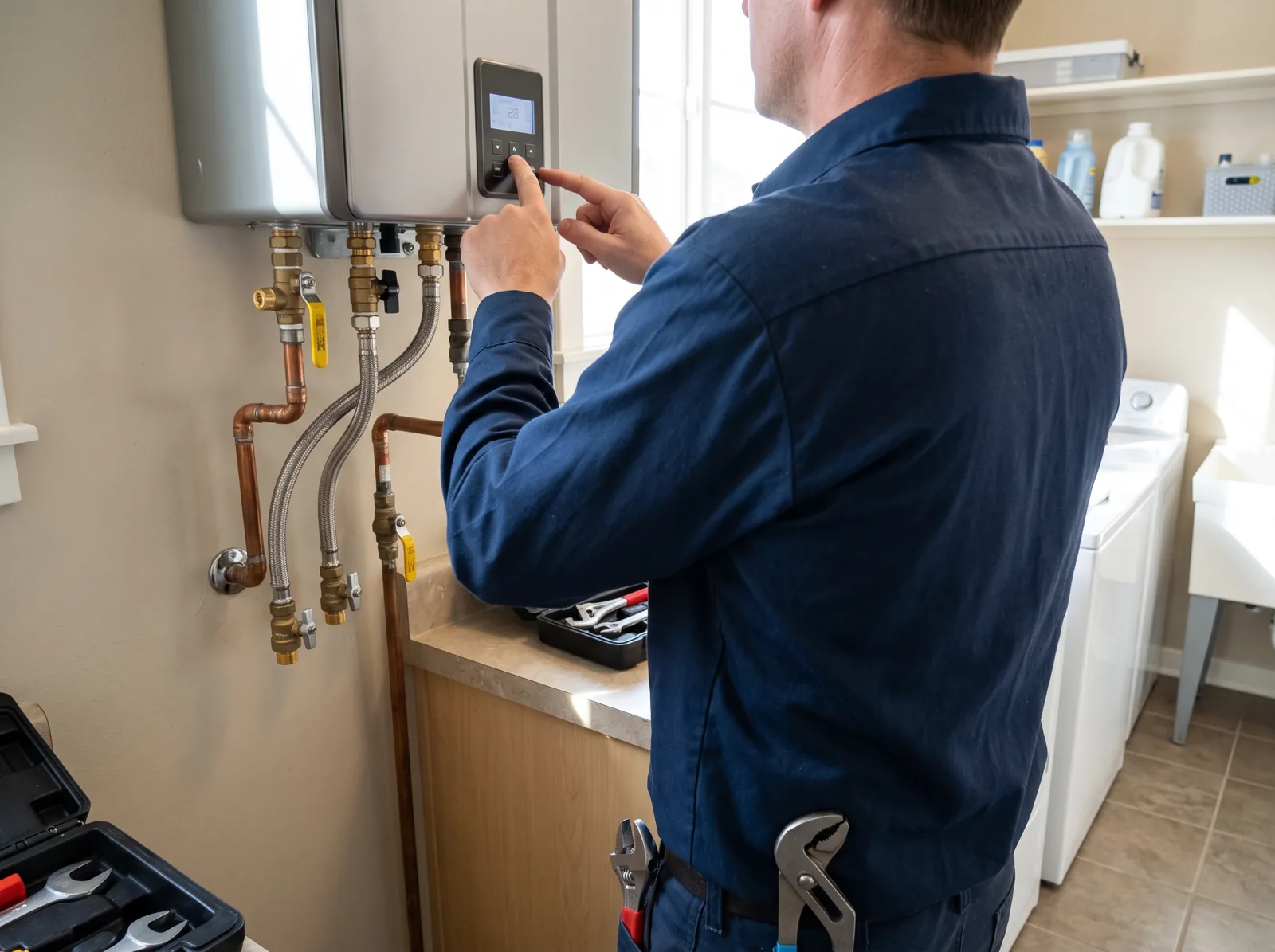 A plumber checks the display on a wall-mounted tankless water heater in a utility room, Castle Rock, CO