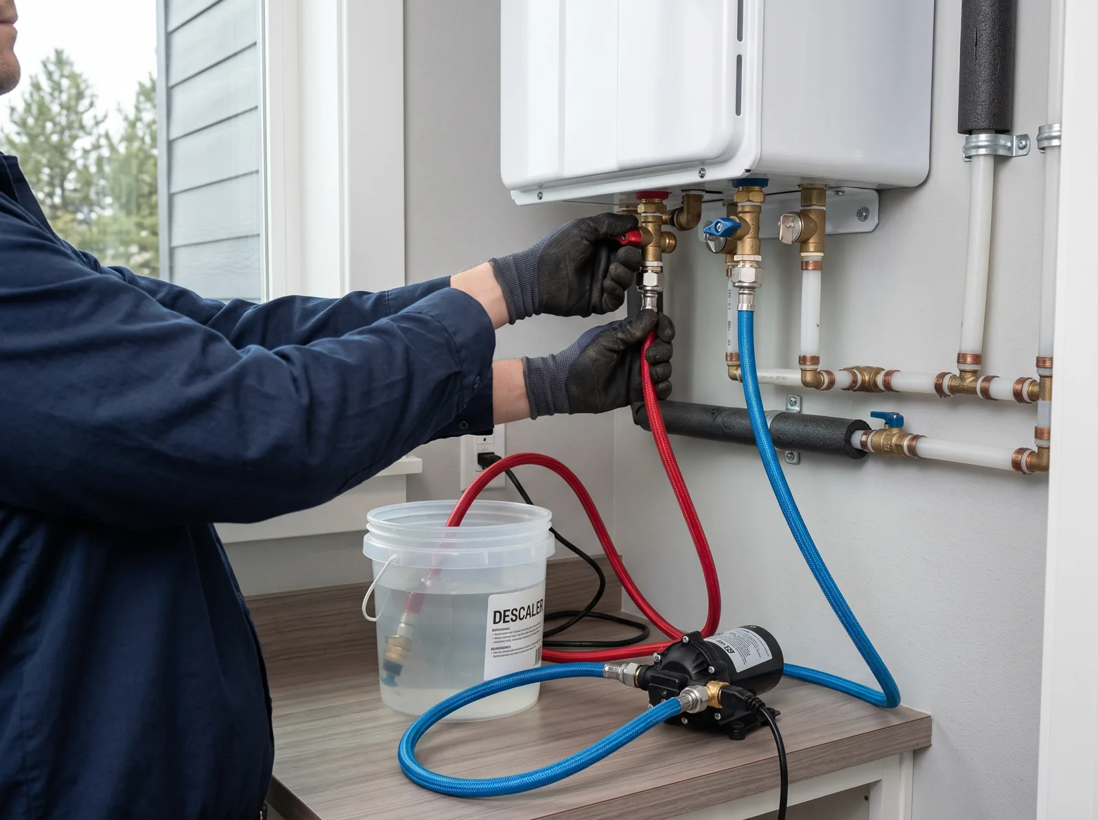Hands flush a tankless water heater with a descaling pump and hoses attached to the service valves, Castle Rock, CO