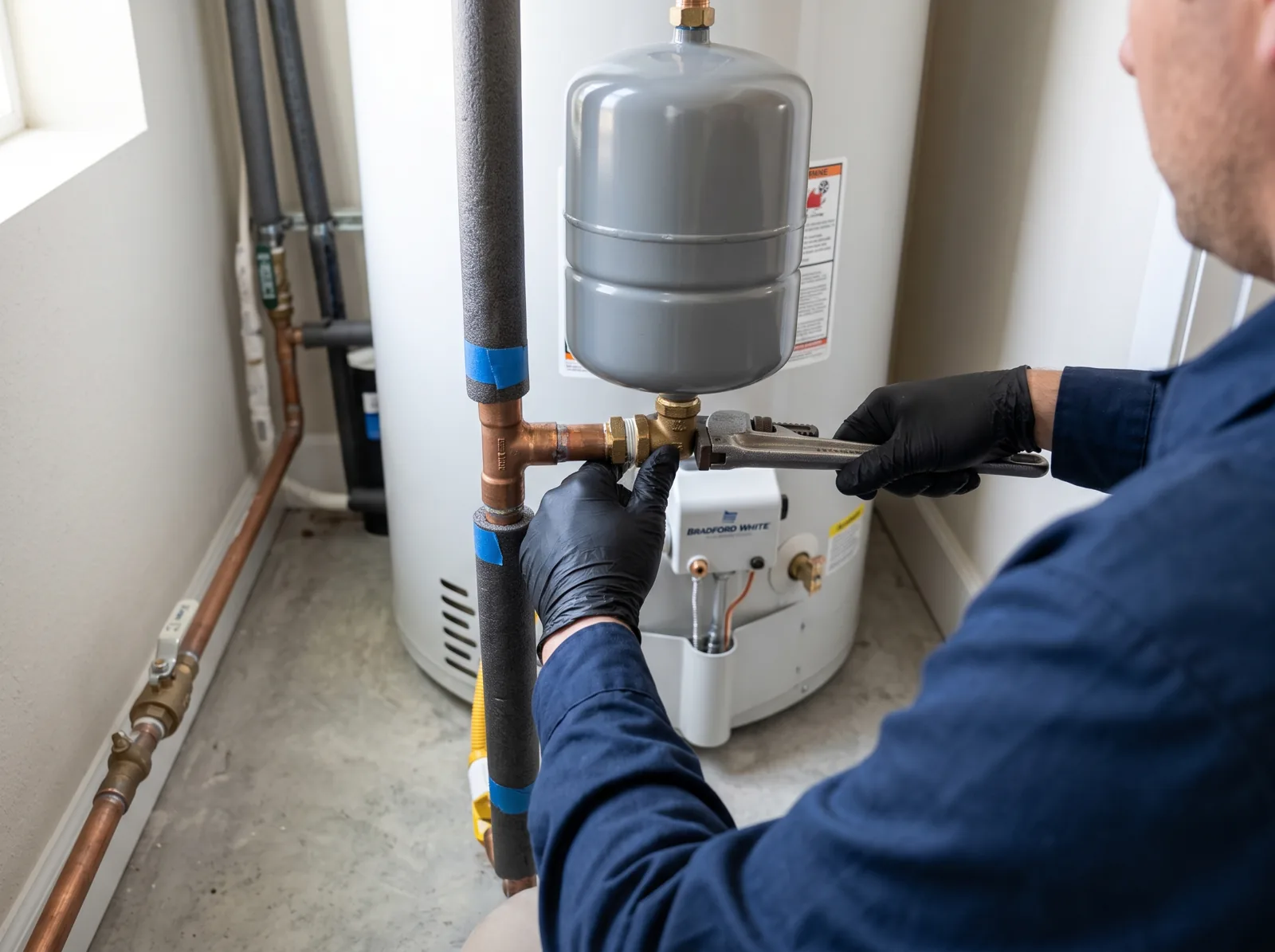Hands install a thermal expansion tank on the cold line of a water heater, Castle Rock, CO