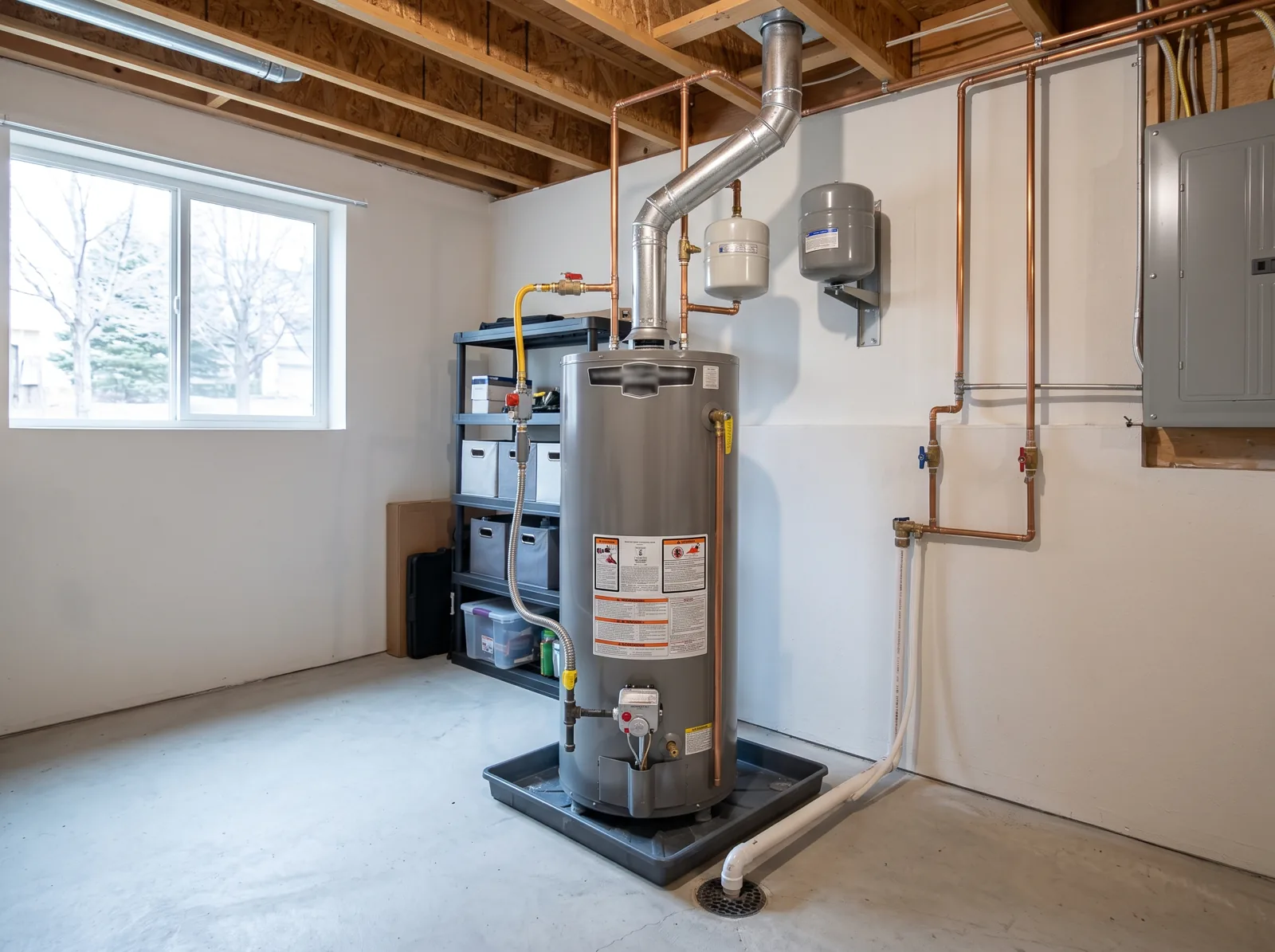 A new 50-gallon gas water heater installed in a clean basement with a drain pan, Castle Rock, CO