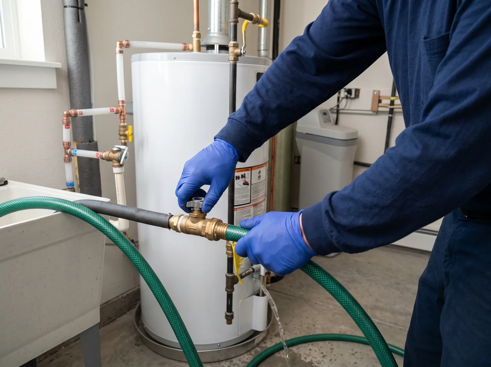 Hands open the drain valve on a water heater to flush sediment into a hose, Castle Rock, CO