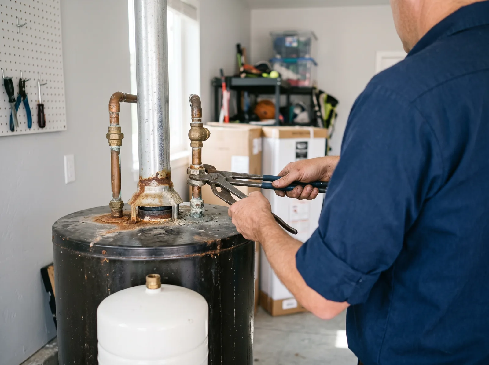 A plumber disconnects an old rusted water heater in a garage for replacement, Castle Rock, CO