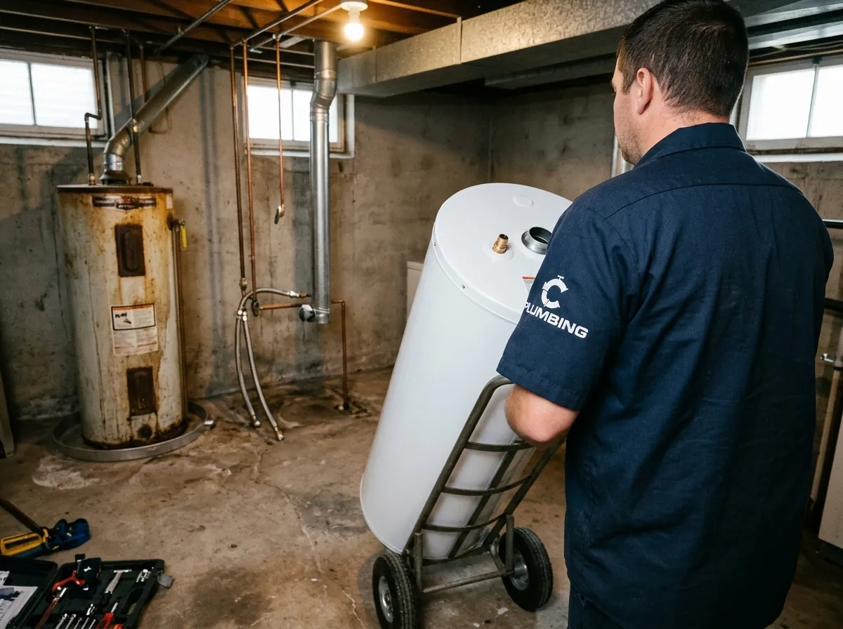 A plumber wheels a new tank water heater on a hand truck into a basement to replace the old rusted tank, Castle Rock, CO