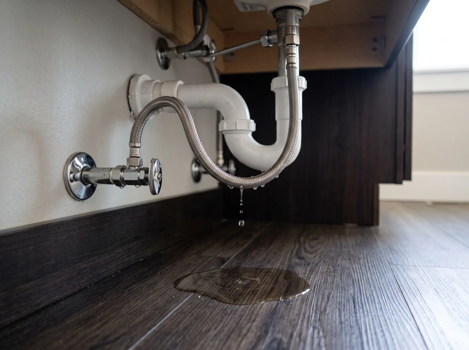 Water dripping from a supply line under a bathroom vanity into a small puddle, Castle Rock, CO